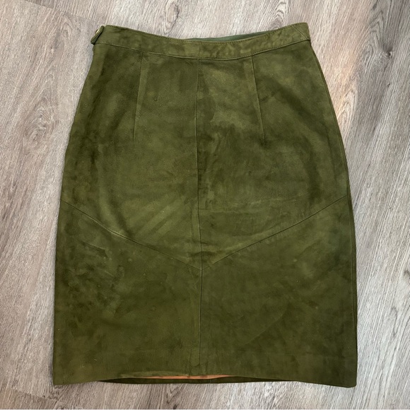 VTG No Label or Tags Olive Green Suede Leather Pencil Skirt - Picture 5 of 12